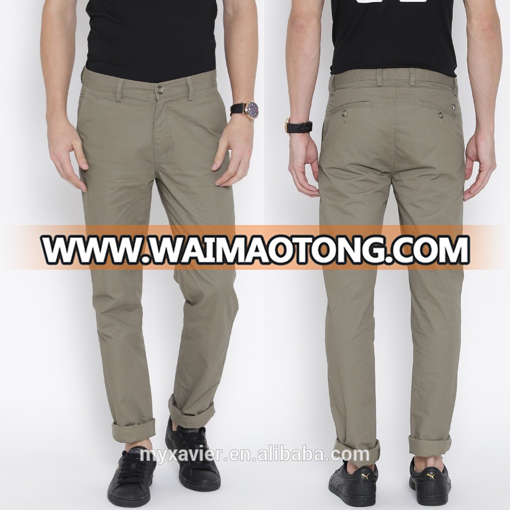 Men olive brown slim fit woven mid-rise 100% cotton trousers hotsale